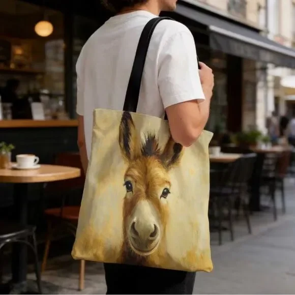 Donkey Face Canvas Tote Bag in Warm Beige and Brown - Picture 2 of 3